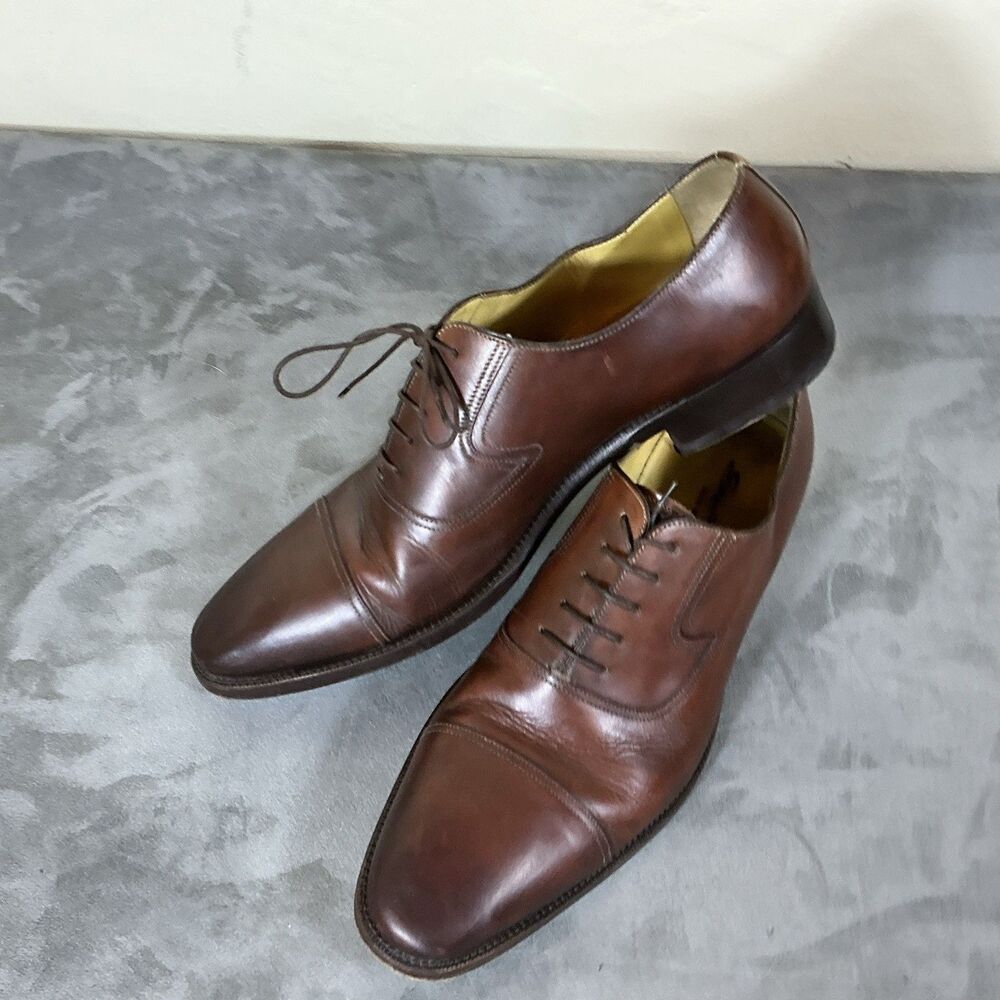 Santoni Cognac Cap Toe Dress Shoes Oxford 12 D Hand Made Luxury Footwear Men’s - Picture 3 of 10